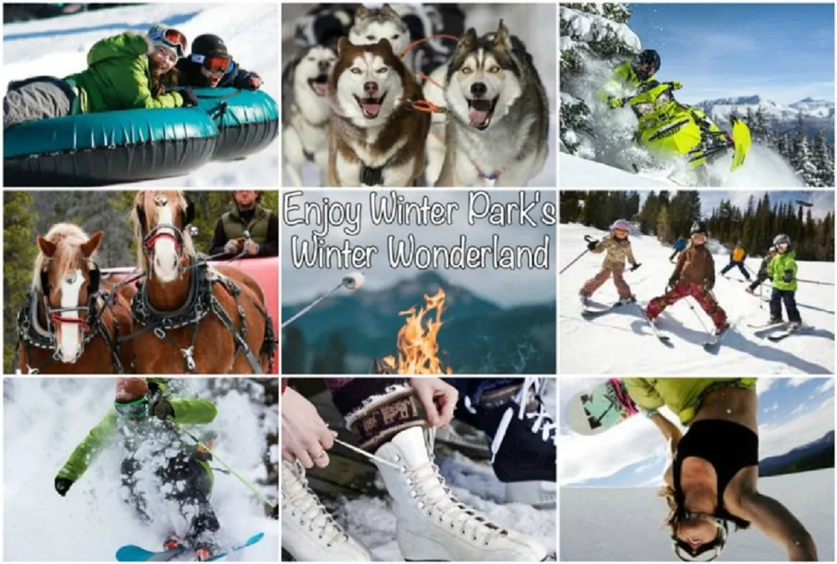 A vibrant winter scene with people tubing down snowy hills, huskies pulling sleds, snowboarders and children skiing, a campfire gathering, and ice skaters gliding on outdoor rinks. Everyone is bundled up and clearly enjoying a full day of winter adventures in a lively mountain setting.