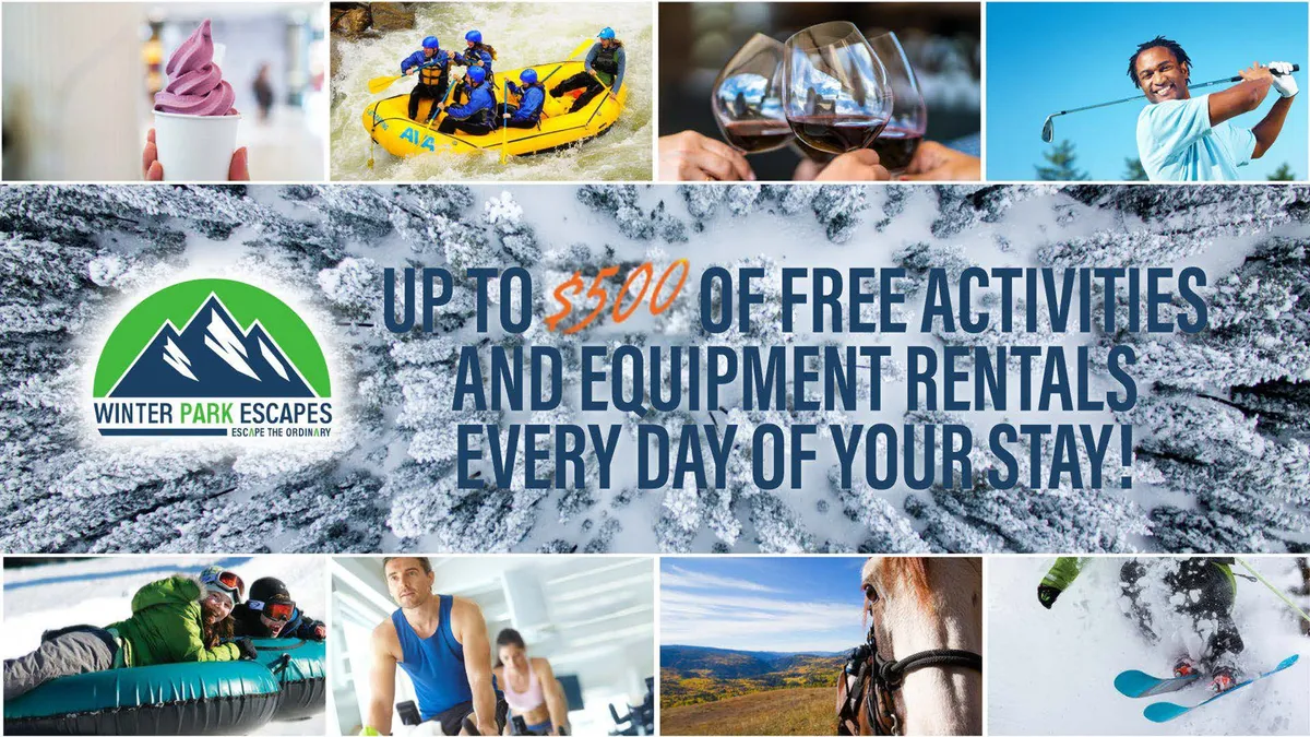 An energetic collage of outdoor activities including whitewater rafting, skiing, golfing, horseback riding, and memorable group gatherings in beautiful natural settings. The image exudes excitement and adventure, with friends and family enjoying active pursuits.
