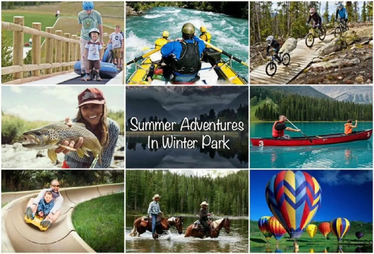 A cheerful summer landscape with families and groups enjoying outdoor adventures like kayaking, biking on scenic trails, fishing in clear waters, rafting, and hot air ballooning, all set against a lush mountain backdrop.